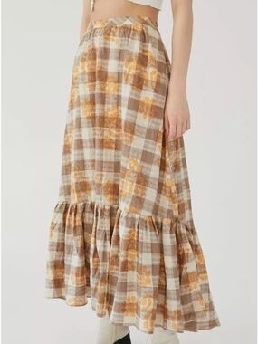 Urban Outfitters Million Miles Plaid Midi Skirt Embroidered Tiered Brown Orange